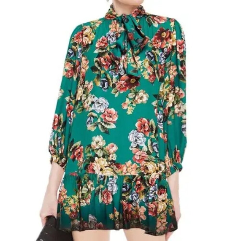 NWOT Alice + Olivia Merrilee Satin Floral Tie Neck Ruffle Trim Dress M $440
